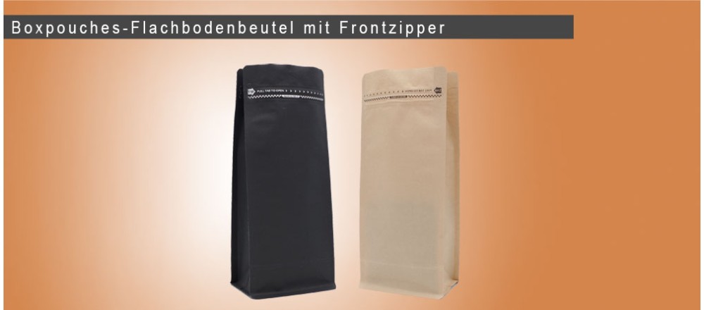 Flat-bottom bags with tear-off notches or front zipper