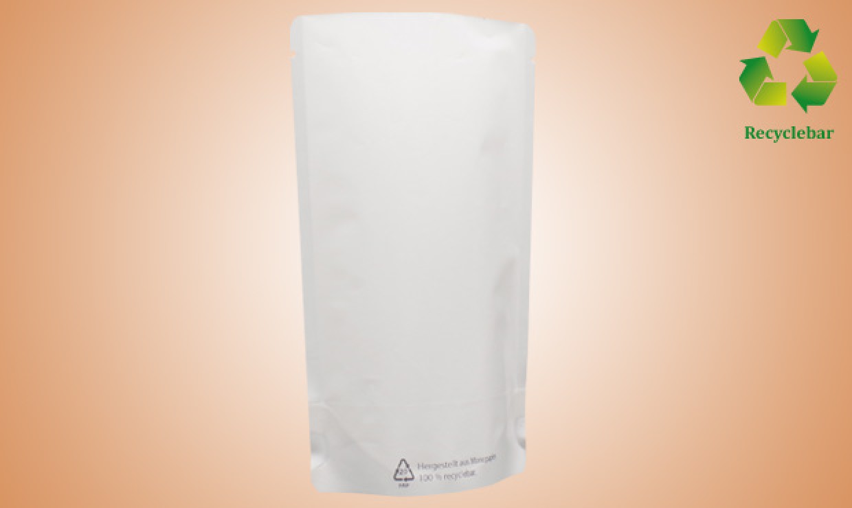 Stand-up pouch mono paper 85x140+50mm, white without pressure lock