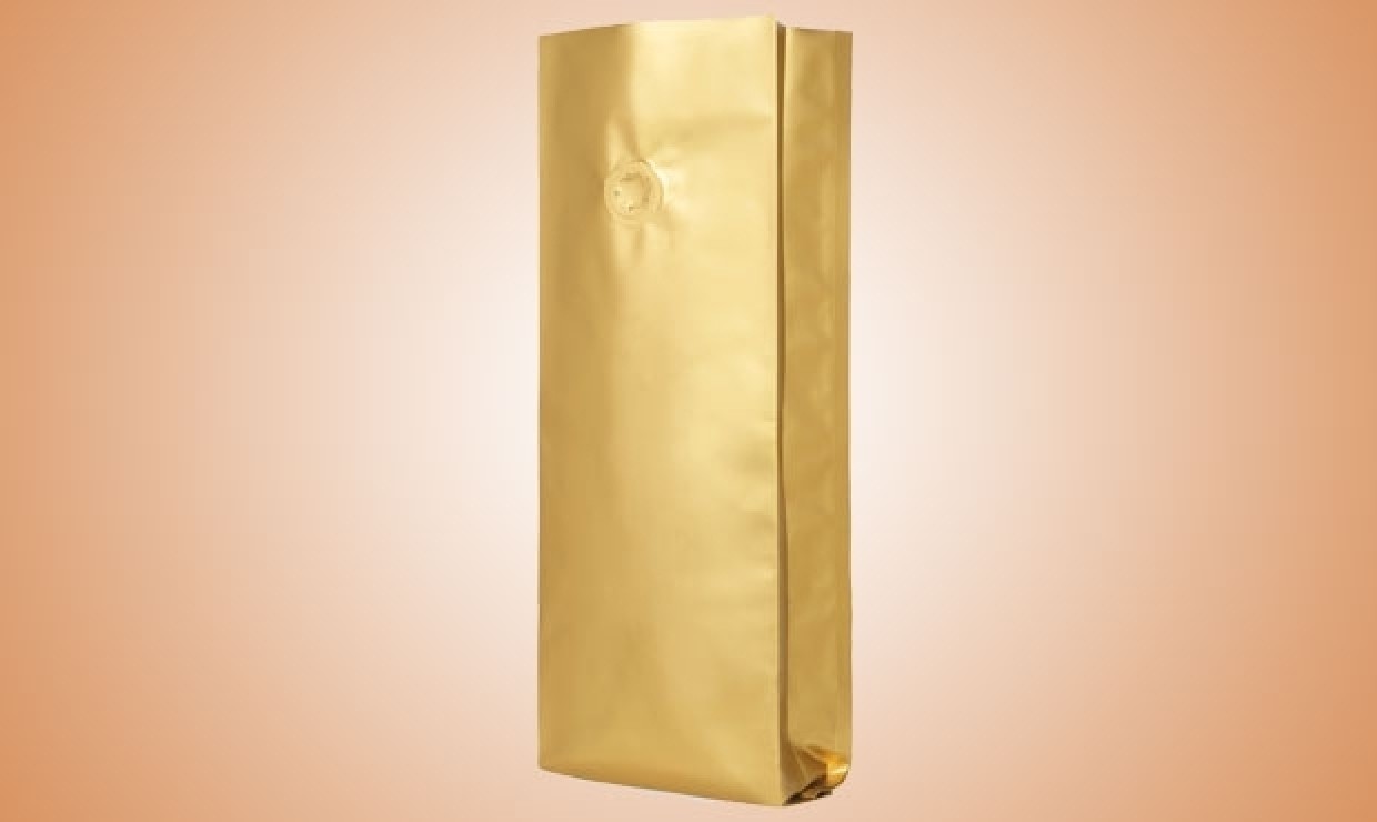 Seitenfaltenbeutel mit Ventil 105+60x330mm gold