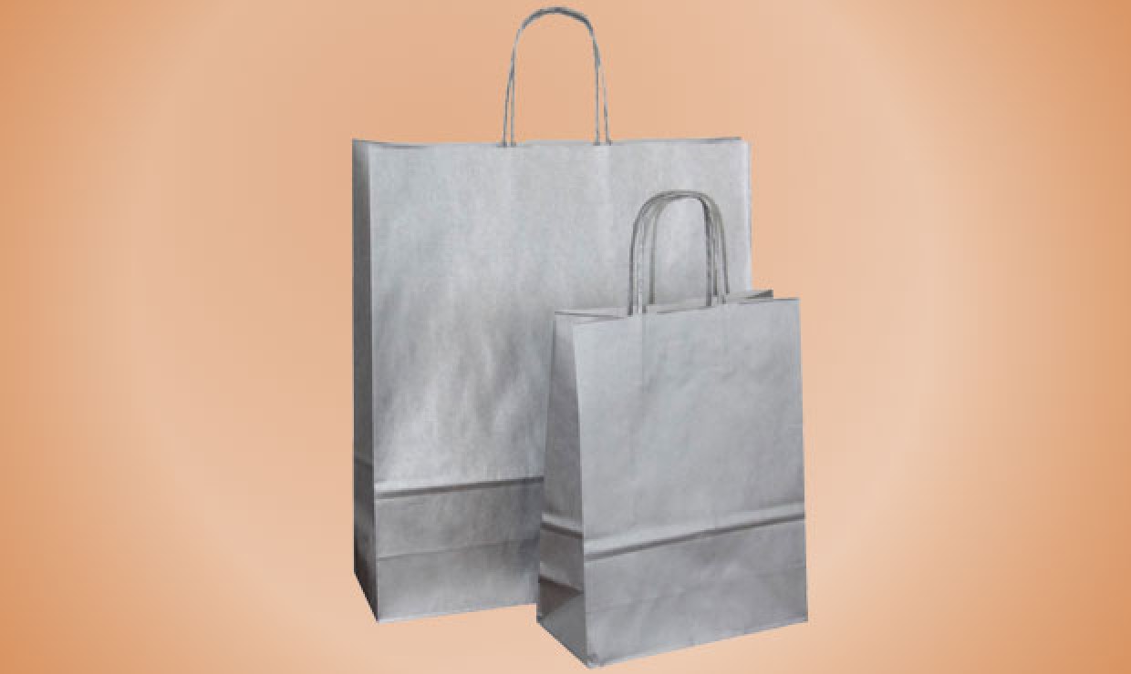 Paper bag with cord 14+8,5x21,5cm 100g/m² silver