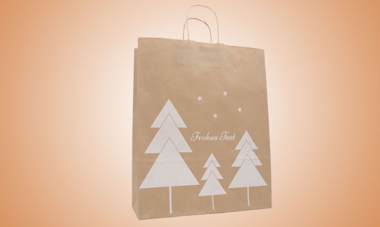 Paper bag XMAS with twisted cord 22+10x28mm 80 g/m² "white fir trees & Merry Christmas